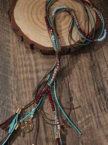 1 pieza Collar largo con borlas estilo bohemio, collar de país estilo boho multicolor de turquesa azul y rosa, accesorio de joyería de moda para mujer para vacaciones, fiesta de baile, cadena de suéter