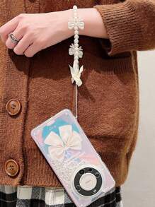 1 szt. Różowa kokarda ze sztucznych pereł z koralikami na telefon, uroczy antypoślizgowy brelok do telefonu dla dziewczynek, uniwersalny dodatek do telefonu ze słodkimi sztucznymi perłami i kokardkami, prezenty dekoracyjne dla matki, rodziny, przyjaciół, urodziny, świąteczny łańcuszek do telefonu