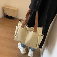 1pc,Large Capacity Canvas Tote Bag, Multi Pockets Shoulder Bag, Reusable Shopping Bag, Easy To Carry With Comfort Handle, For Daily Use And Gifts Portable Handbag For School Work Travel Shopping - Multicolor - View 11