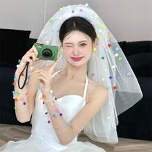 1 szt. ręcznie robiony welon z pomponami, welon z dopaminą dla panny młodej, propozycja rejestracji małżeństwa, kolorowa ozdoba na głowę z pomponami, uroczy styl, rekwizyt do zdjęć na przyjęciu urodzinowym, ozdoba na głowę z welonem z dopaminą do rejestracji ślubu, zestaw welonu i rękawiczek z pomponami