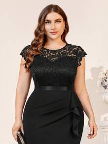 Plus Elegant Floral Lace Ruffle Trim Wrap Hem Evening Party Bodycon Dress, Wedding Guest Dress - Black - View 10