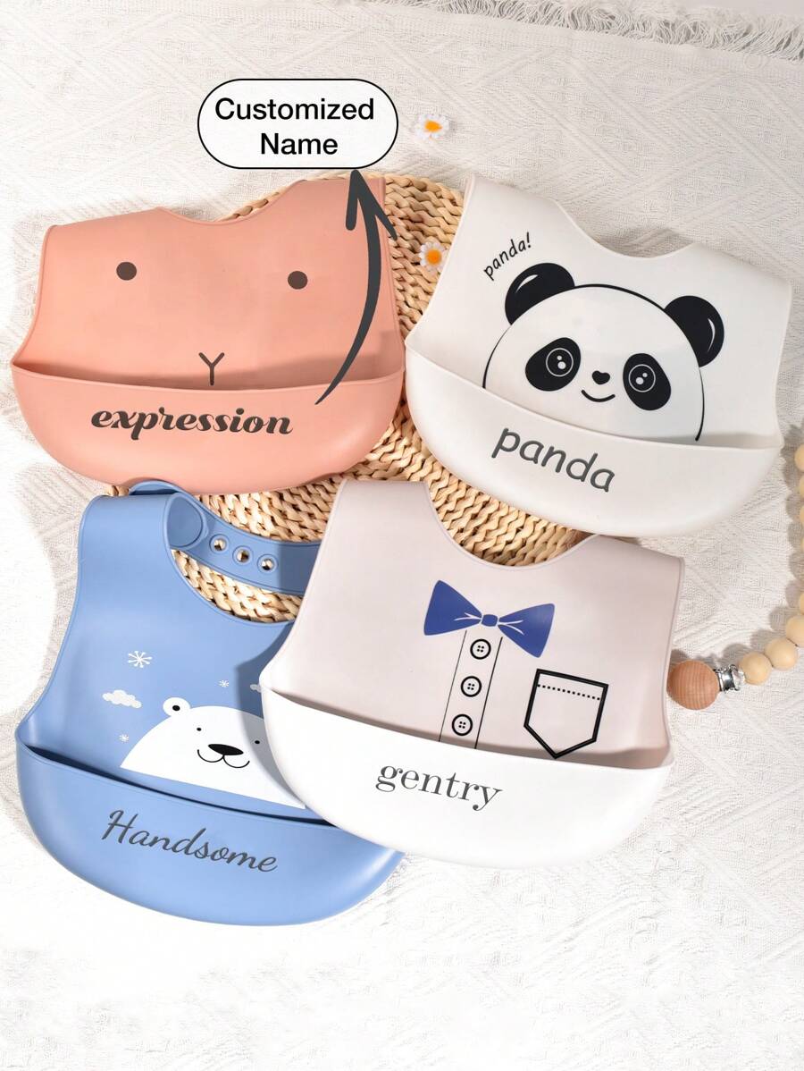 1pc Customized Baby Silicone Bib, Soft Adjustable Waterproof Anti-Dirty Anti-Leakage Bib, Cartoon Design, All Seasons