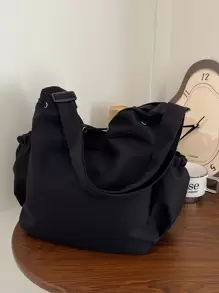 春夏新款尼龙纯色五角星装饰大容量托特包，女士单肩斜挎学生手提包，青少年艺术风格书包，女士或学生书包，非常适合看书、购物、返校等 - 黑色 - 查看 5