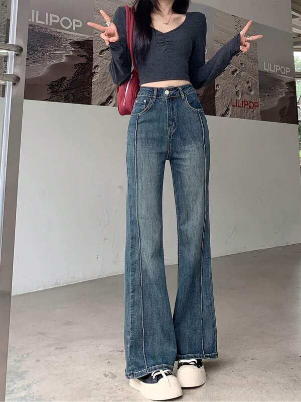 Fitted Retro Micro-Flare Stretch Denim Jeans Maxi Length Pants For Women