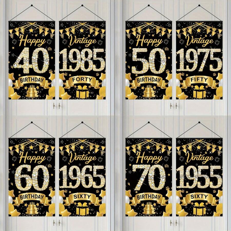 2 件复古生日门旗 - 适合 40、50、60、70 岁复古门旗 | 1985、1975、1965、1955 年快乐 | 金色和黑色室内/室外派对装饰 - 黑金色 - 查看 1