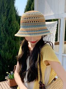 1 件女士拼色夏季新款简约时尚百搭休闲优雅镂空防晒渔夫帽，适合户外旅行、散步、购物、夏季沙滩装 - A - 查看 8