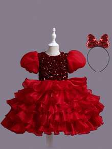 Nuevo diseño de pastel Vestido de tutú para niñas, Vestido de princesa con lentejuelas para dama de honor en cumpleaños, actuación de danza + diadema (Proceso de fabricación normal con agujeros de posicionamiento en el forro interior de la falda del vestido; Elija el tamaño según la medida del busto)