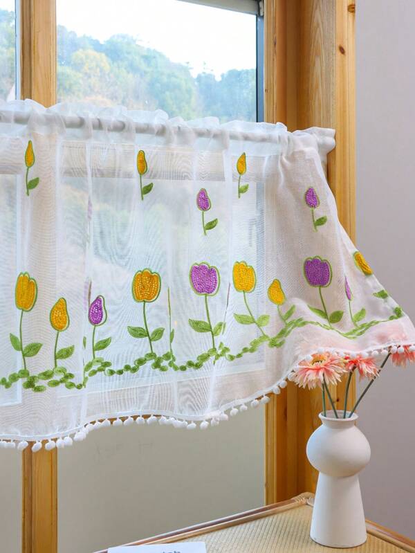 1pc New Colorful Chenille Embroidered Short Curtain/Valance, No-Drill Sheer Tassel Flower Embroidered Coffee Curtain/Room Divider