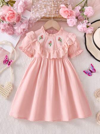 女孩刺绣公主裙短袖复古优雅心形蕾丝边派对礼服