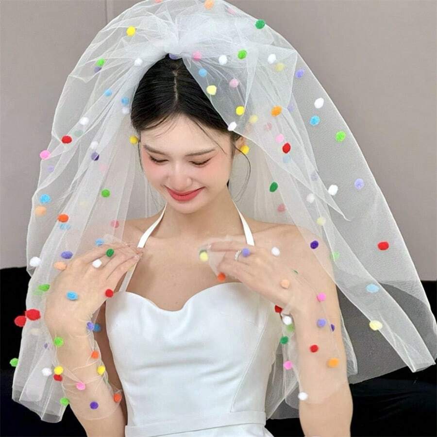 1 szt. ręcznie robiony welon z pomponami, welon z dopaminą dla panny młodej, propozycja rejestracji małżeństwa, kolorowa ozdoba na głowę z pomponami, uroczy styl, rekwizyt do zdjęć na przyjęciu urodzinowym, ozdoba na głowę z welonem z dopaminą do rejestracji ślubu, zestaw welonu i rękawiczek z pomponami