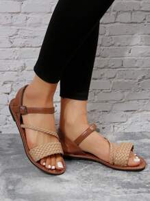 New Euro/US Design Woven Plus Size Women Sandals, Ladies Flat Beach Slippers For Summer - Khaki - View 5