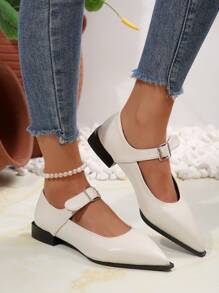 Women's Summer/Spring Pointed Toe Fashion Leather Slip-On Loafers, Buckle Decor Comfortable Low Heel Flats, Vintage Chunky Heel Mary Janes - Beige - View 3