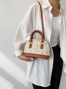 复古贝壳草编手提包，优雅网眼女士单肩包，主要材质 PU，配件草编和网眼