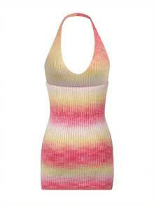 Womens Sexy Halter Knitted Skinny Dress Fashion Gradient Color Backless Short Dress - Rosa - Ver 3