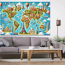 1pc Vibrant World Map Landmark Polyester Backdrop, Suitable For Birthday Party, Photo Booth And Outdoor Celebrations, Colorful Global Icon Design, No Power Needed, Multipurpose Photography Background - Multicolor - View 2