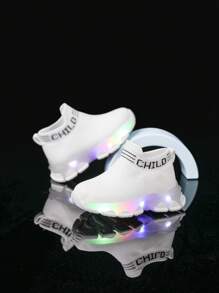 婴儿经典透气面料鞋面，英文文字条纹一脚蹬日常跑步鞋，四季皆宜 - 白色 - 查看 3