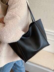 Minimalist Shoulder Tote Bag With Inner Pouch Black Vintage Tote Bag Large Capacity Solid Color Shoulder Bag With Insert Fouch,School Bag,Large Capacity,Portable,Classic Casual,BusinessCasual,For Teen Girls Women College Students,White-Collar Workes,Perfect For Work,Back To School,Middle School,Hiah School.College,Vacation