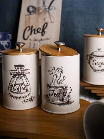 3 حاويات تخزين طعام محكمة الإغلاق ذات غطاء من البامبو لحفظ الشاي والقهوة والسكر، أوعية مطبخ حديثة بتصميم بسيط