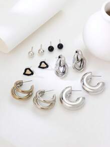 12pcs Fashion Elegant Unique Silver Heart/C-Shaped Earrings, Jewelry Set, Suitable For Women Everyday Wear - 12-piece Set - View 4