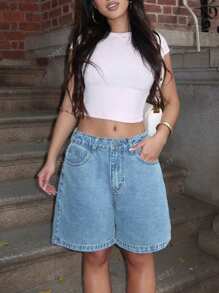 Damen einfarbige Bermuda Denim Shorts, einfach & geeignet für den Sommer