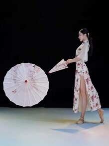 1pc Hand Painted Umbrella, Customizable Blank Oil Paper Umbrella, Suitable For Wedding, Random Handle