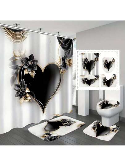 1/4 piezas Juego de baño con estampado de corazón y flor, incluye cortina de ducha impermeable, alfombra antideslizante, tapa de inodoro, alfombra de baño y 12 ganchos de plástico, adecuado para decoración del hogar, vacaciones, dormitorio, decoración de otoño, estilo de cabaña, decoración de baño, accesorios de baño, de vuelta a la escuela