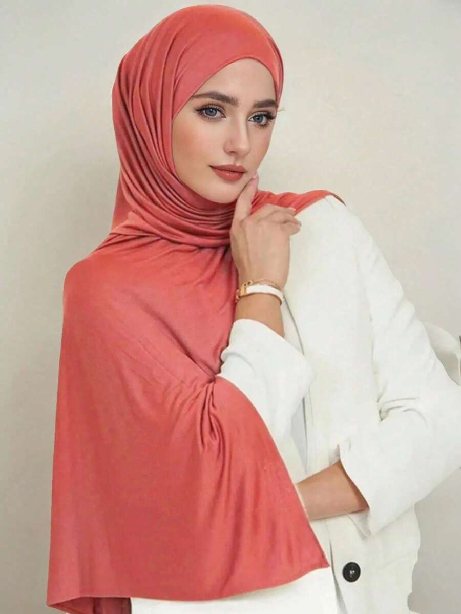 1件加大码针织披肩围巾，柔软休闲纯色女士围巾，适合搭配连衣裙 - 西瓜紅 - 查看 1