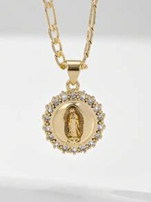1pc European Style Copper Inlaid Zirconia 14K Gold Virgin Mary Pendant Necklace, Suitable As Mother's/Valentine's Gift, Daily & Festival Wear
