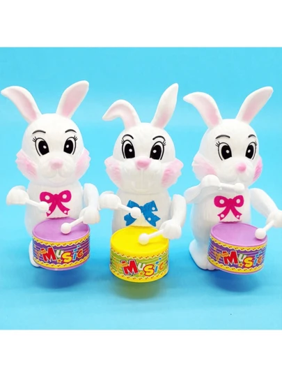 1pc Wind-Up Drumming Animal Rabbit Toy Figurine, Random Color