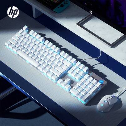 HP 惠普机械键盘鼠标套装游戏专用有线电竞青轴黑轴茶轴红轴lol吃鸡笔记本台式办公男女生金属面板人体工学全键无冲突冷光效果白蓝光黑混光USB接口