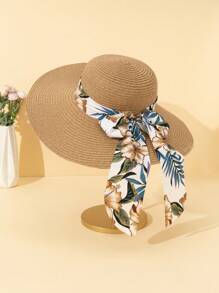 Set de 2 piezas - Sombrero de sol con lazo de cinta y estampado floral y bolso de hombro de paja, adecuado para vacaciones, color caqui