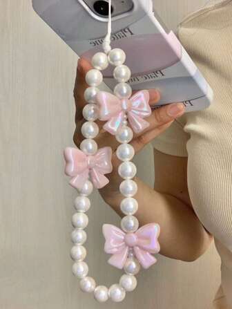 1pc Pink Bow Faux Pearl Beaded Phone Lanyards, Cute Anti-Loss Phone Charm For Girls, Universal Phone Accessory With Sweet Faux Pearl And Bow Decor Gifts For Mother, Family, Friends, Birthday, Holiday Phone Chain