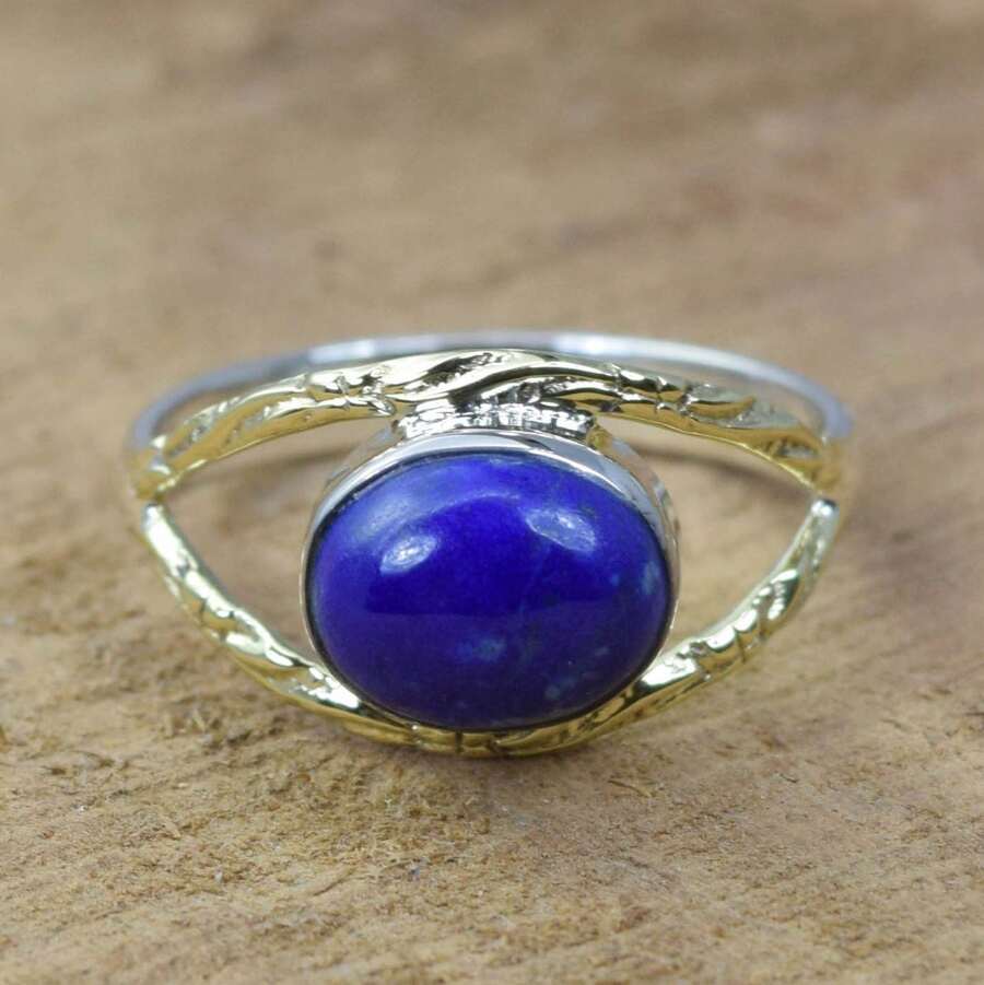 925 Sterling Silver And Brass Onyx Gemstone Jewelry Ring ~ December Month Birthstone ~ Natural Crystal Gemstone Ring ~ Gift For Valentine Day - 青金石 - 查看 1