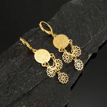 1 对复古风格优雅 18k 镀金镂空硬币流苏耳坠耳环，适合女士日常、派对和活动佩戴，母亲节、夏季珠宝礼物 - 金色 - 查看 1