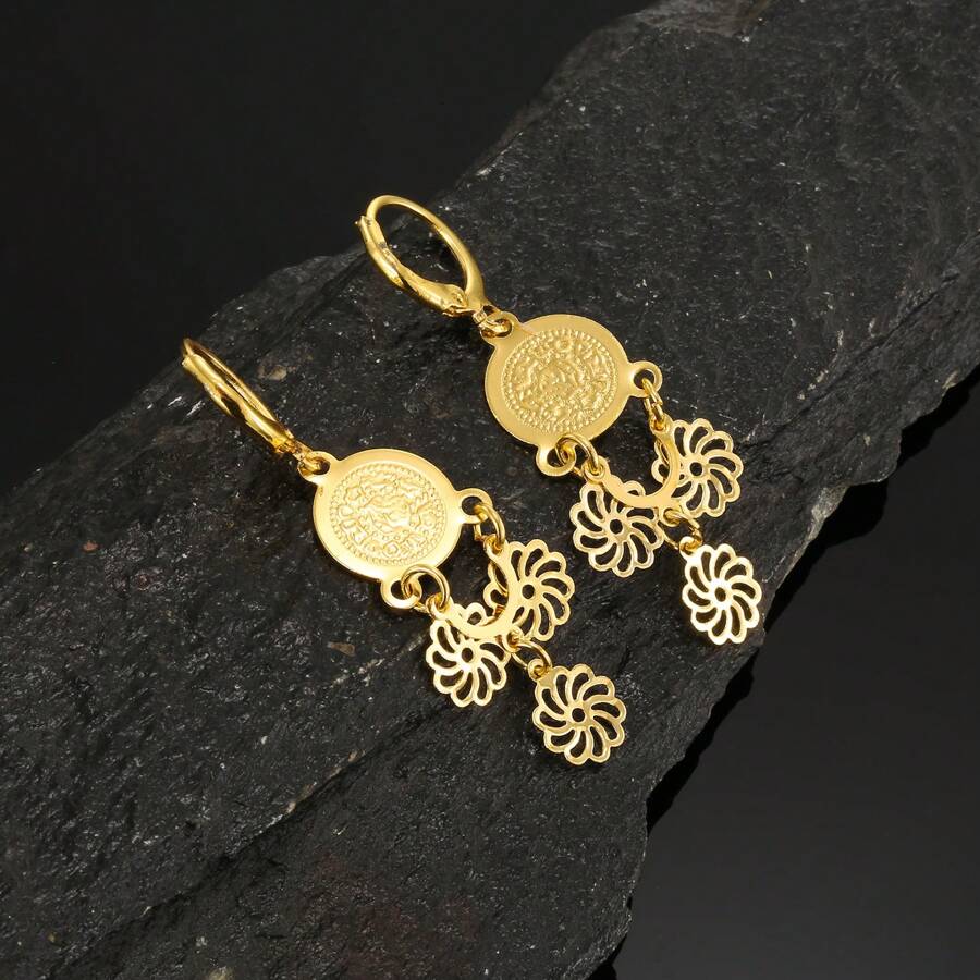 1 对复古风格优雅 18k 镀金镂空硬币流苏耳坠耳环，适合女士日常、派对和活动佩戴，母亲节、夏季珠宝礼物 - 金色 - 查看 1