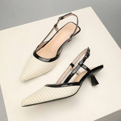 OMS 2025 spitz zulaufende Damen Sandalen mit dünnem Absatz für Frühling & Sommer, französischer Stil mit geschlossener Zehenpartie, atmungsaktiv und rückenlos, modischer Middlehill Absatz, Farbblockung mit Elastikband, leicht und atmungsaktiv für alle Jahreszeiten