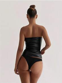 PU皮革性感无肩带修身抹胸上衣，时尚纯色弹力修身款，四季皆宜。