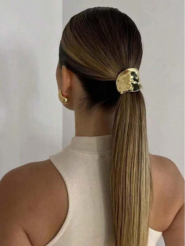 1pc Golden Geometric Metal Hair Tie Elastic Hair Accessories, Interesting And Goth Style, Luxurious Hair Tie For Braids, Metal Hair Cuffs, Modern Braid Frame, Golden Minimalist Hair Clips, Hair Decorations, Wedding Hair Tie, Gifts For Her, Suitable For Women, Ladies And Even Long-Haired Men For An Elegant And Noble Look,Ponytail,Hair Ties,Hair Elastics,Hair Rope Ponytail Holders