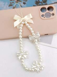 1 szt. Różowa kokarda ze sztucznych pereł z koralikami na telefon, uroczy antypoślizgowy brelok do telefonu dla dziewczynek, uniwersalny dodatek do telefonu ze słodkimi sztucznymi perłami i kokardkami, prezenty dekoracyjne dla matki, rodziny, przyjaciół, urodziny, świąteczny łańcuszek do telefonu