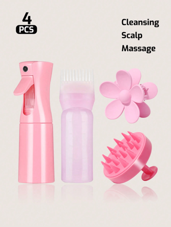 4pcs Hair Clean Set,Continuous Spray Bottle(200ml), Silicone Scalp Massager,Shampoo Brush,Root Comb Applicator Bottle, Scalp Massager Shampoo Brush With Flower Hair Clip, Applicator Bottle For Hair Dye Applicator Bottle With Graduated