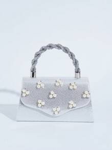 迷你珍珠手提包斜挎包小方包可装手机和口红，时尚百搭女士派对活动钱包 - 銀色 - 查看 7