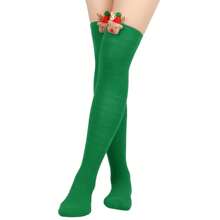 Women Knitting Socks, Christmas Cartoon Elk Spring Fall Knee-Over Socks Female Gift Knitting Wear - Pure Green - View 2