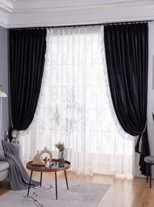 1 pieza Cortina premium de terciopelo negro con borde de encaje, elegante para villa, casa, sala de estar, decoración de dormitorio