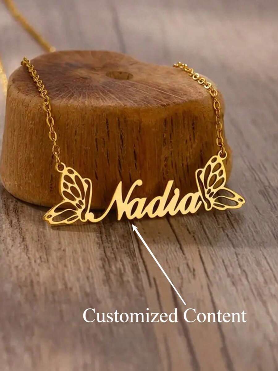 [Customized] Girl Double Butterfly Customized Name Necklace Stainless Steel Personalized Butterfly Decor Pendant Necklace, Fashion, Autumn, Minimalist, Cute, Casual Customized, Unique Gift For Girlfriend, Mom, Family, Friend, Daughter, Anniversary, Valentine's Day, Mother's Day, Birthday, Graduation, Daily Wear, Wedding, Prom