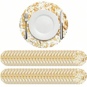10/20/30/40/50pcs Disposable Gold Placemats Set, 13 Inch Round Gold Foil Mesh Pressed Fall Table Mates, Gold Metallic Thin Mesh Table Runner For Home Decoration Dining Table Wedding Birthday Party