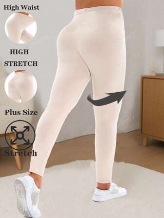 Plus Size Women Khaki Leggings, Casual Sporty Stretch Tight Pants, Soft & Comfortable For Outdoor Activities, Indoor Exercises, Yoga, Camping, Hiking, Running, Stretching, 7/8 Length