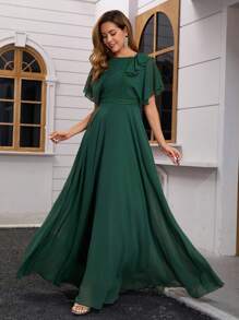 女士正式晚礼服雪纺短袖长款飘腰连衣裙、派对礼服、婚礼宾客礼服