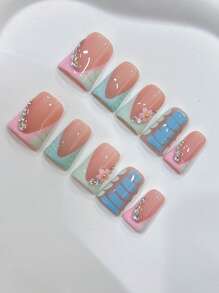 10 Móng Giả Mỏ Vịt Dài Trung Bình Với Thiết Kế Hoa 3D, Móng Dán Mùa Xuân Hè, Họa Tiết Cá Sấu Đính Đá & Đá Quý, Móng Nghệ Thuật Dopamine Phủ Toàn Bộ, Bao Gồm Keo Dán & Dũa Móng, Móng Dán Tái Sử Dụng, Móng Dán Thủ Công. - Nhiều màu - Xem 2