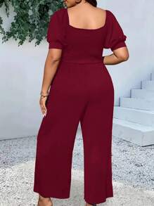 Plus Size Women Square Neck Short Sleeve Jumpsuit - Burgundy - View 2