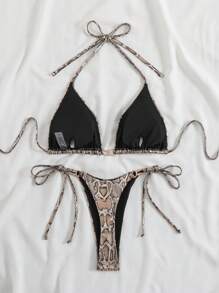 Snakeskin Print Sexy Bikini Set Swimwear, Tight Fitting Low-Back Spaghetti Strap Two-Piece Swimwear, For Summer Beach Vacation